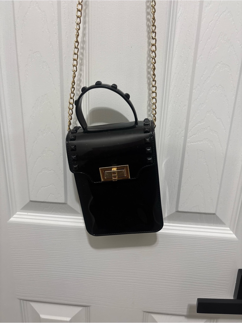 Black Patent Crossbody Bag with Gold Hardware
